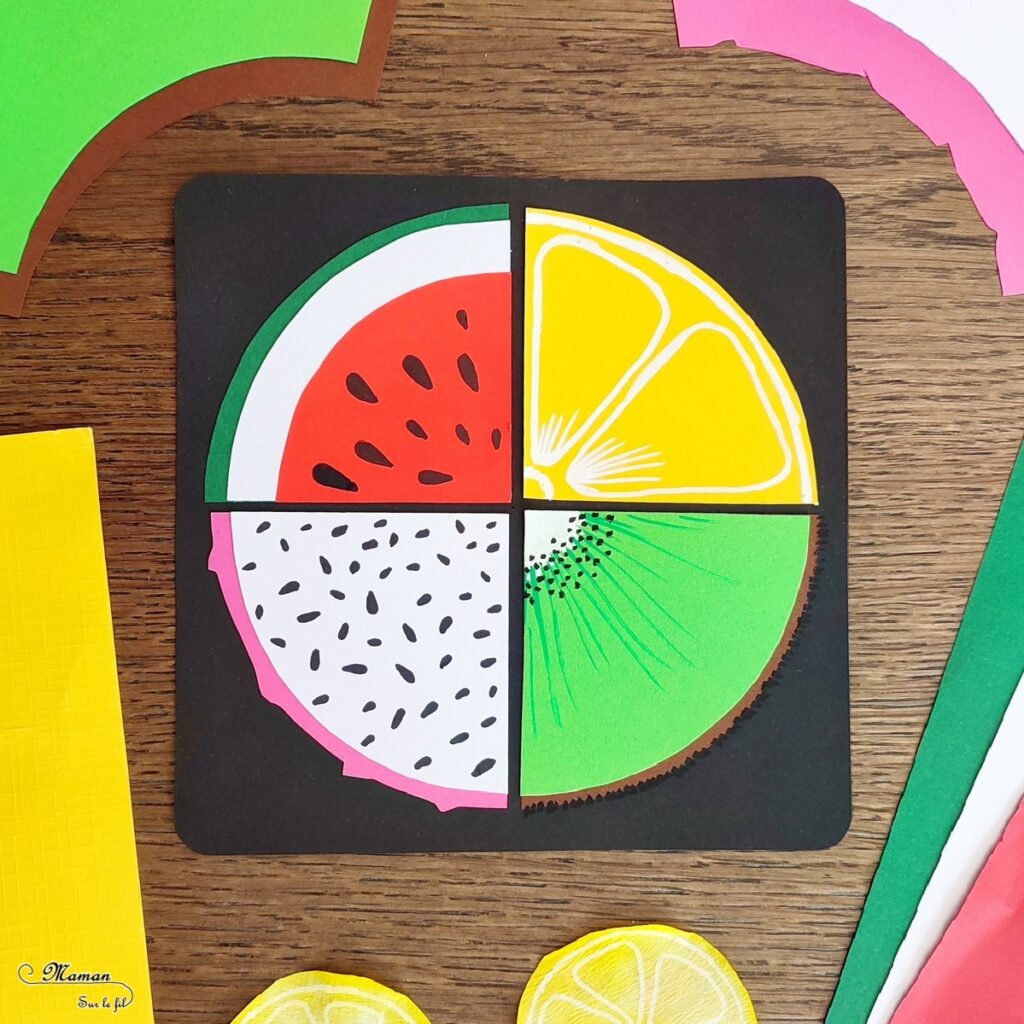 Activité créative et manuelle enfants - Créer quatre quarts de fruits d'été - Pastèque, citron, fruit du dragon et kiwi - Fractions, utilisation du compas, cercles - Géométrie, découpage, collage - Dessins et graphismes au feutre fin - Bricolage facile et rapide pour un thème sur les aliments, les fruits ou l'été - Arts visuels et atelier Maternelle et élémentaire - Créativité - Cycle 1 ou 2 - tutoriel photos - mslf