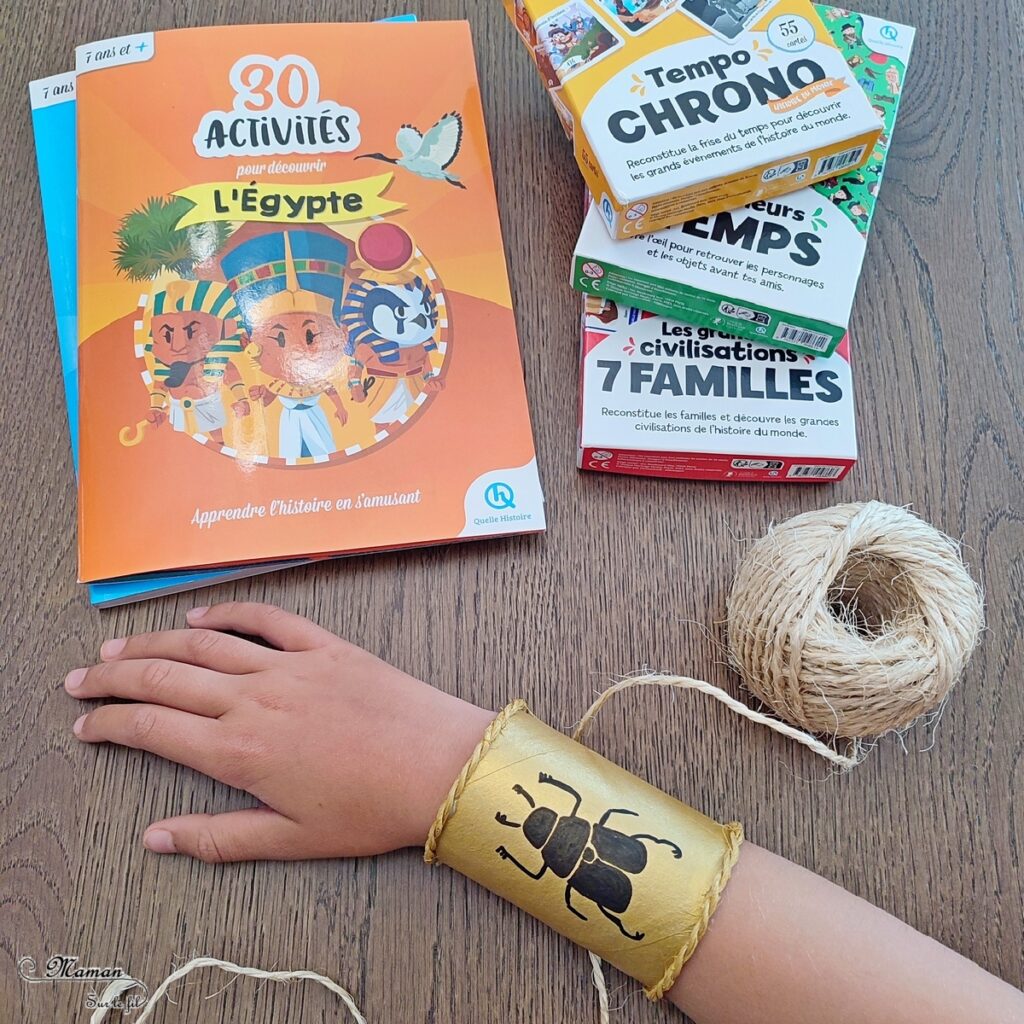 Activité créative et manuelle enfants - Jeux et cahiers d'activités Quelle Histoire pour découvrir et apprendre l'histoire - Fabriquer un bracelet égyptien en récup' - Rouleau de papier toilette, PQ, peinture dorée, dessin de scarabée - 3 jeux géniaux et ludiques pour apprendre l'histoire en s'amusant : 7 familles des grandes civilisations, Cherche et Trouve Personnages et bijoux historiques et Tempo Chrono (frise chronologique et événements) - Egypte et Afrique - Cycles 2 et 3 - 7 ans et plus - jeux pédagogiques et éducatifs - avis - mslf