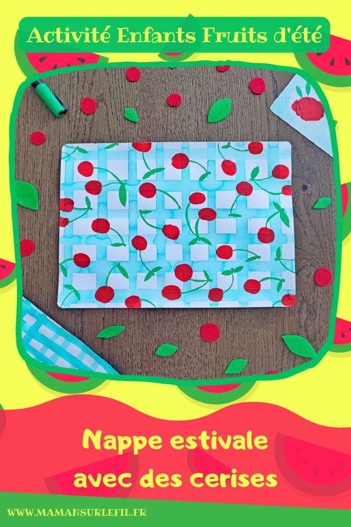 Activité créative et manuelle enfants - Peindre une nappe estivale avec des cerises - Lignes horizontales et verticales à l'encre à l'aide d'une grille de four Pastèque en feutrine - Quadrillage et graphisme maternelle - Cerises en peinture au doigt - Empreintes de doigts et dessin - Pique-Nique - Fruits d'été - Bricolage facile et rapide pour un thème sur les aliments, les fruits ou l'été - Arts visuels et atelier Maternelle et élémentaire - Créativité - Cycle 1 ou 2 - tutoriel photos et vidéo - mslf