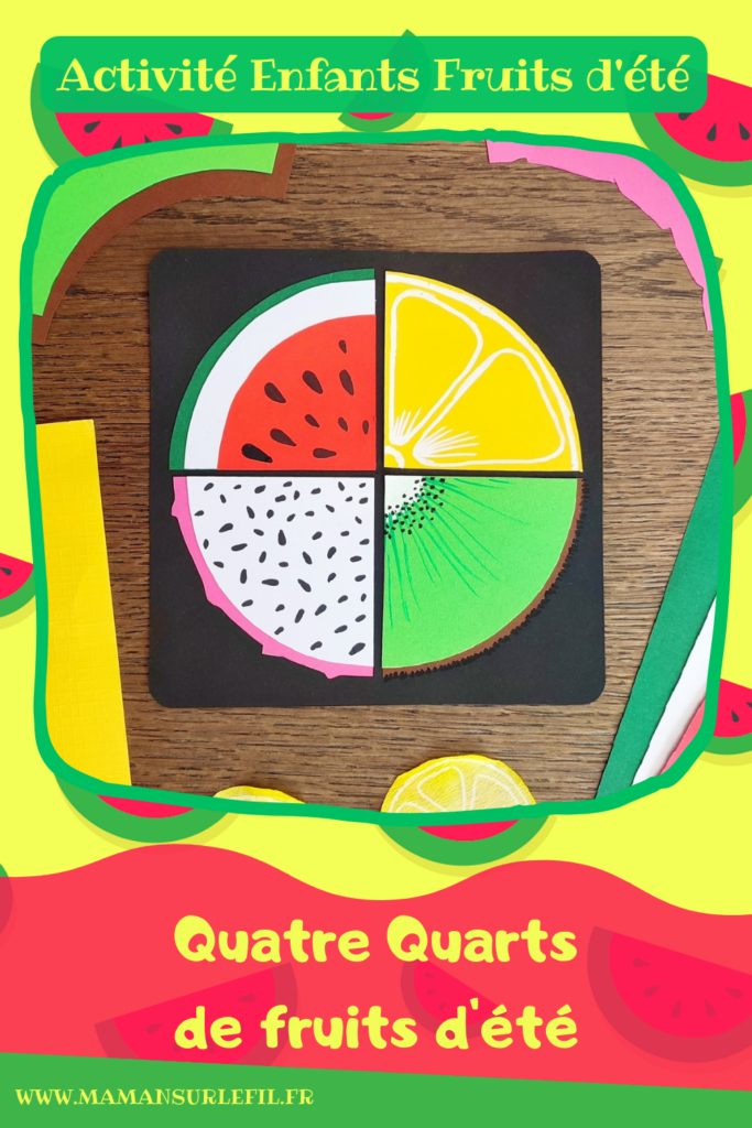 Activité créative et manuelle enfants - Créer quatre quarts de fruits d'été - Pastèque, citron, fruit du dragon et kiwi - Fractions, utilisation du compas, cercles - Géométrie, découpage, collage - Dessins et graphismes au feutre fin - Bricolage facile et rapide pour un thème sur les aliments, les fruits ou l'été - Arts visuels et atelier Maternelle et élémentaire - Créativité - Cycle 1 ou 2 - tutoriel photos - mslf