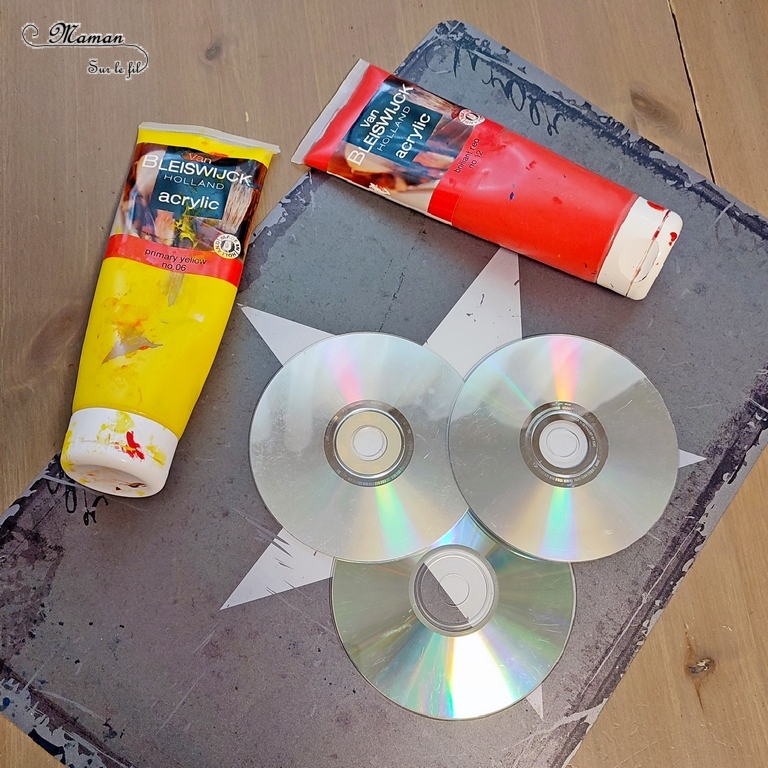 Activité créative et manuelle enfants - Créer des fruits d'été avec de vieux CD - Pastèque, citron et orange - Bricolage Récup' et peinture - Recyclage, surcyclage de compact disc - Dessin - Bricolage facile et rapide pour un thème sur les aliments, les fruits ou l'été - Arts visuels et atelier Maternelle et élémentaire - Créativité - Cycle 1 ou 2 - tutoriel photos - mslf