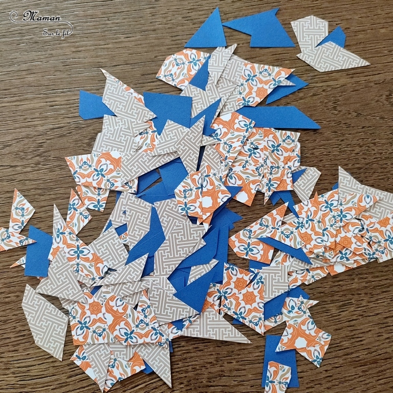 Activité créative et manuelle enfants - Créer un hippocampe en mosaïque de papiers collés - Récup' de chutes de papiers à motifs - Découpage et Collage - Pochoir noir pour le contraste - Utilisation d'une perforatrice - Recyclage, surcyclage - Bricolage facile pour un thème sur les animaux marins, la mer et l'été - Arts visuels et atelier Maternelle et élémentaire - Créativité - Cycle 1 ou 2 - tutoriel photos - mslf