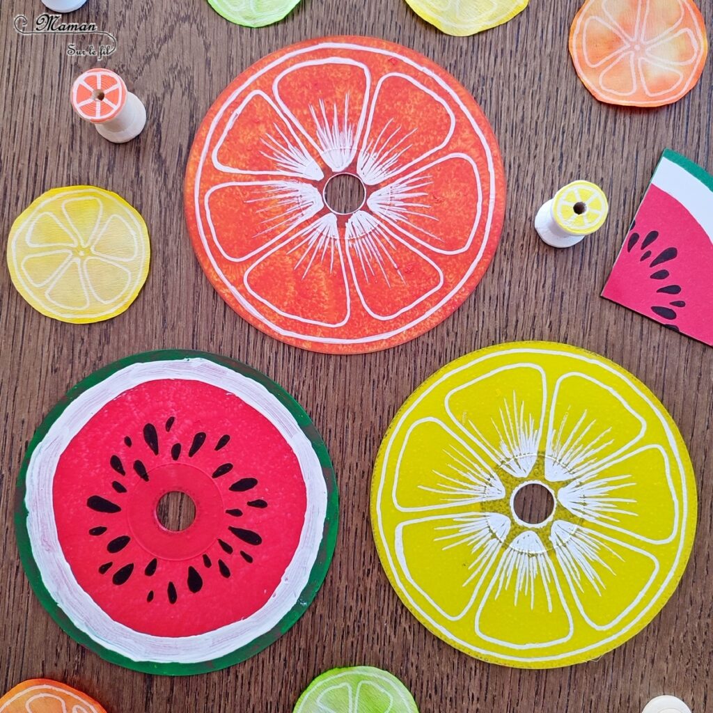 Activité créative et manuelle enfants - Créer des fruits d'été avec de vieux CD - Pastèque, citron et orange - Bricolage Récup' et peinture - Recyclage, surcyclage de compact disc - Dessin - Bricolage facile et rapide pour un thème sur les aliments, les fruits ou l'été - Arts visuels et atelier Maternelle et élémentaire - Créativité - Cycle 1 ou 2 - tutoriel photos - mslf