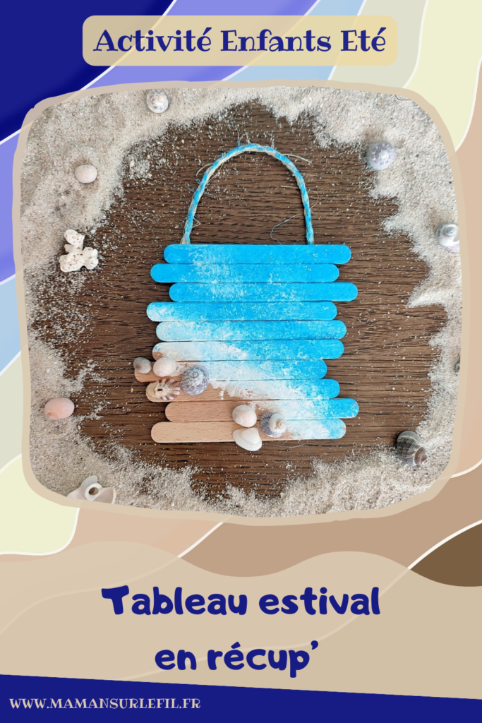 Activité créative et manuelle enfants - Fabriquer un petit tableau d'été en récup' - Bricolage et décoration avec des bâtonnets de glace en bois, des coquillages et de la corde - Peinture au tampon pour représenter la mer et la plage - Récup' Nature - Land art - Décoration pour utiliser les trésors des vacances ramassés sur la plage - Recyclage, surcyclage - Atelier nature - Bricolage facile et rapide pour un thème sur les vacances et de la plage - Arts visuels et atelier Maternelle et élémentaire - Créativité - Cycle 1 ou 2 - tutoriel photos - mslf