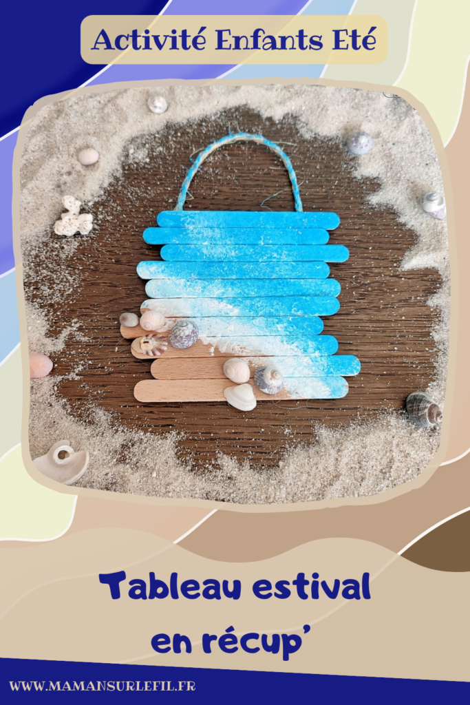 Activité créative et manuelle enfants - Fabriquer un petit tableau d'été en récup' - Bricolage et décoration avec des bâtonnets de glace en bois, des coquillages et de la corde - Peinture au tampon pour représenter la mer et la plage - Récup' Nature - Land art - Décoration pour utiliser les trésors des vacances ramassés sur la plage - Recyclage, surcyclage - Atelier nature - Bricolage facile et rapide pour un thème sur les vacances et de la plage - Arts visuels et atelier Maternelle et élémentaire - Créativité - Cycle 1 ou 2 - tutoriel photos - mslf