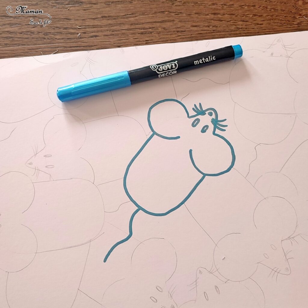 Activité créative et manuelle enfants - Dessiner des souris graphiques avec une souris informatique - Graphisme aux marqueurs métalliques, dessin avec bouchon - Bricolage facile et rapide pour un thème sur les animaux de la ferme, domestiques ou les rongeurs - Arts visuels et atelier Maternelle et élémentaire - Créativité - Cycle 1 ou 2 - tutoriel photos - mslf