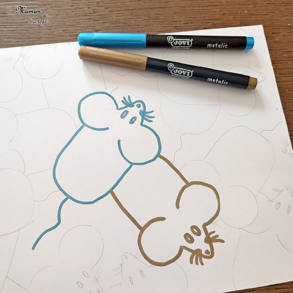 Activité créative et manuelle enfants - Dessiner des souris graphiques avec une souris informatique - Graphisme aux marqueurs métalliques, dessin avec bouchon - Bricolage facile et rapide pour un thème sur les animaux de la ferme, domestiques ou les rongeurs - Arts visuels et atelier Maternelle et élémentaire - Créativité - Cycle 1 ou 2 - tutoriel photos - mslf