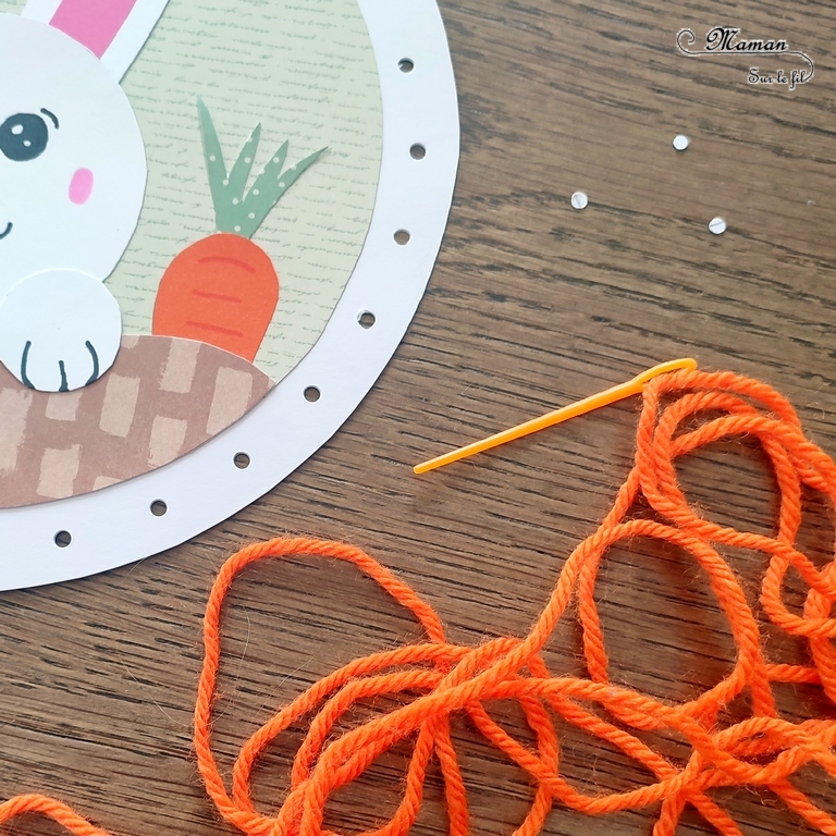 Activité créative et manuelle enfants - Créer un tableau Lapin qui sort de terre avec du papier - Découpage, collage, utilisation du compas - Oreille pliée - Cadre en laine - Apprentissage du tissage, broderie, couture - Thèmes Animaux de la ferme ou domestiques, Pâques - Bricolage facile et rapide - Arts visuels et atelier Maternelle et élémentaire - Créativité - Cycle 1 ou 2 - tutoriel photos - mslf