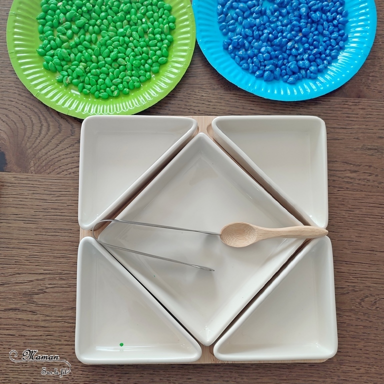 Activité créative et sensorielle pour enfants - Bac sensoriel à base de grains de maïs colorés - Peinture - Patouille, motricité fine, jeu libre, exploration, sensoriel - Classement et tri par couleur avec pince ou avec les doigts - Bricolage facile et rapide pour un thème sur la ferme, l'alimentation ou l'agriculture - Atelier Maternelle et élémentaire - Créativité - Cycle 1 ou 2 - tutoriel photos et vidéos - mslf