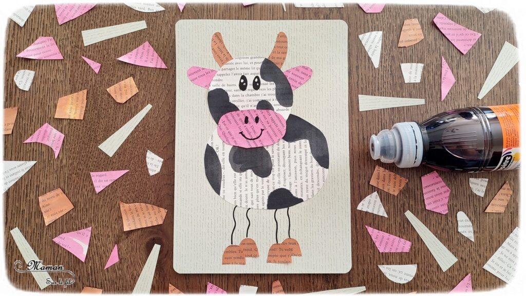 Activité créative et manuelle enfants - Créer une vache avec les pages d'un vieux livre et de l'encre - Découpage, collage, dessin - Thèmes Animaux de la ferme - Bricolage facile et rapide - Arts visuels et atelier Maternelle et élémentaire - Créativité - Cycle 1 ou 2 - tutoriel photos - mslf