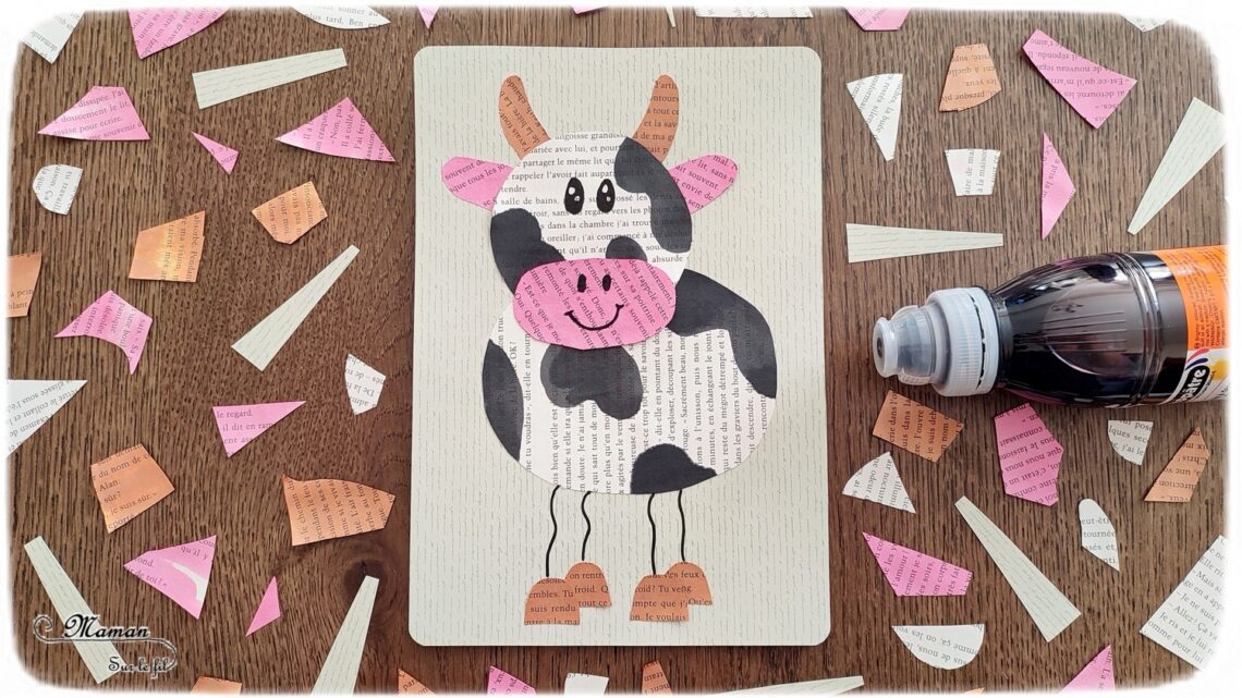 Activité créative et manuelle enfants - Créer une vache avec les pages d'un vieux livre et de l'encre - Découpage, collage, dessin - Thèmes Animaux de la ferme - Bricolage facile et rapide - Arts visuels et atelier Maternelle et élémentaire - Créativité - Cycle 1 ou 2 - tutoriel photos - mslf