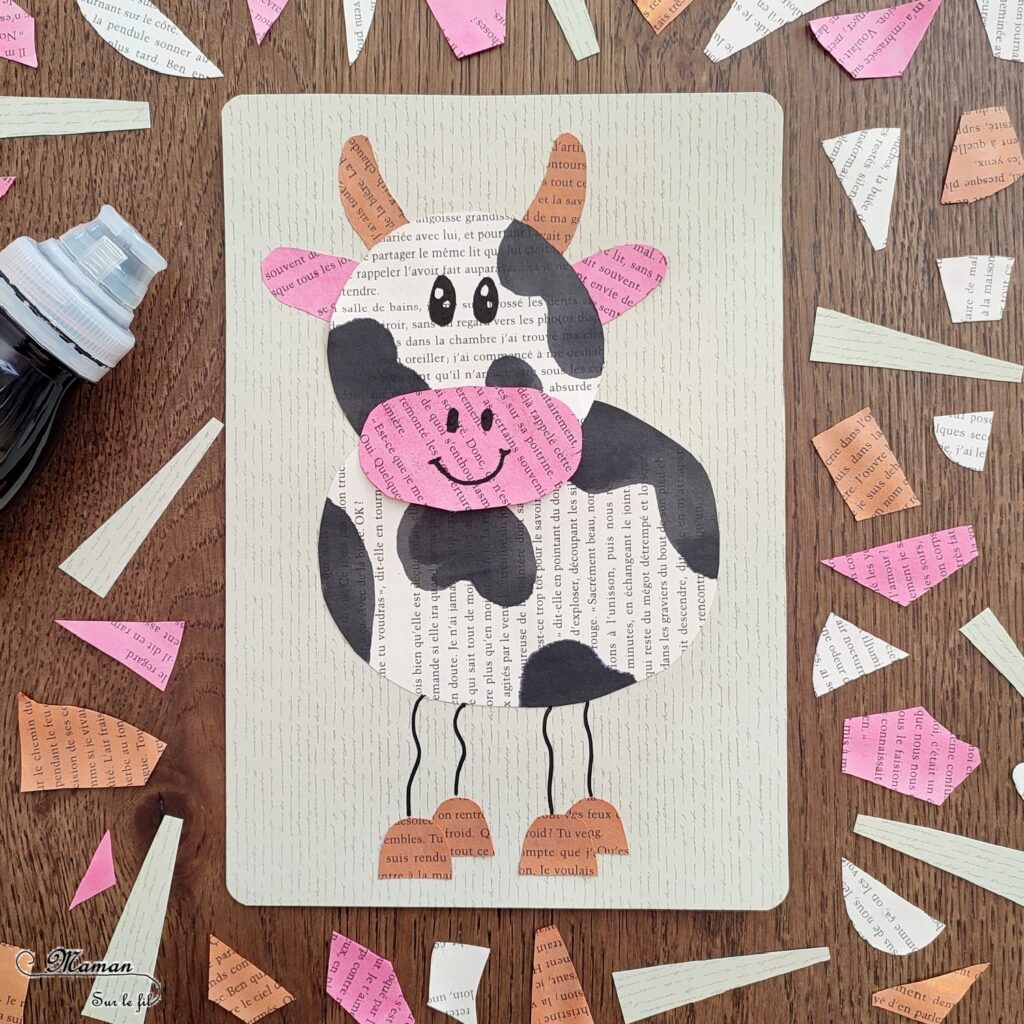 Activité créative et manuelle enfants - Créer une vache avec les pages d'un vieux livre et de l'encre - Découpage, collage, dessin - Thèmes Animaux de la ferme - Bricolage facile et rapide - Arts visuels et atelier Maternelle et élémentaire - Créativité - Cycle 1 ou 2 - tutoriel photos - mslf