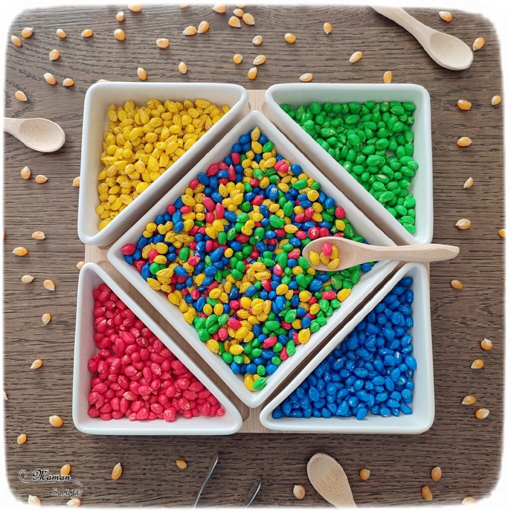 Activité créative et sensorielle pour enfants - Bac sensoriel à base de grains de maïs colorés - Peinture - Patouille, motricité fine, jeu libre, exploration, sensoriel - Classement et tri par couleur avec pince ou avec les doigts - Bricolage facile et rapide pour un thème sur la ferme, l'alimentation ou l'agriculture - Atelier Maternelle et élémentaire - Créativité - Cycle 1 ou 2 - tutoriel photos et vidéos - mslf