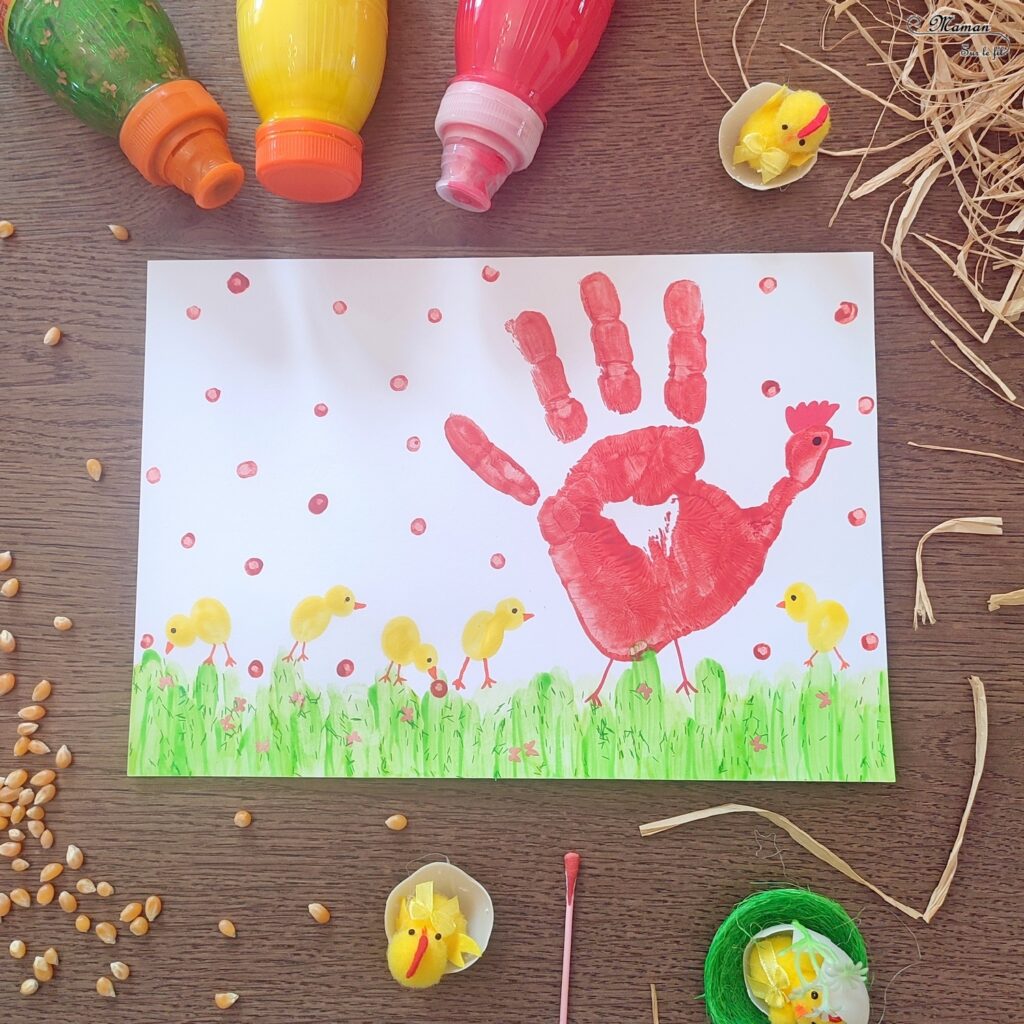 Activité créative et manuelle enfants - Peindre une poule et ses poussins avec des empreintes de doigts et de main - Peinture et dessin - Techniques de peinture rigolotes - Coton tige pour les graines - Peinture et gel pailleté pour l'herbe - Bricolage facile et rapide pour un thème sur les animaux de la ferme, les oiseaux ou Pâques - Arts visuels et atelier Maternelle et élémentaire - Créativité - Cycle 1 ou 2 - tutoriel photos - mslf