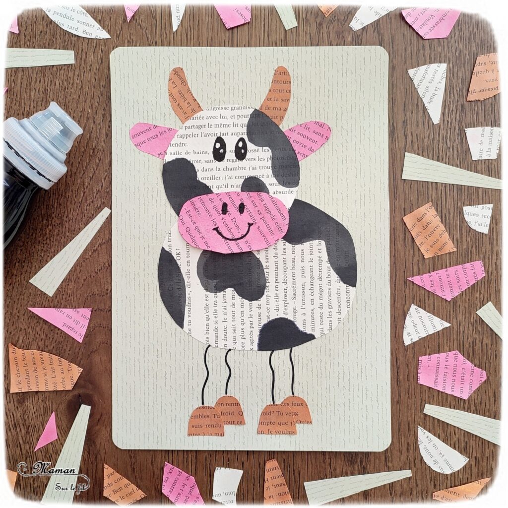 Activité créative et manuelle enfants - Créer une vache avec les pages d'un vieux livre et de l'encre - Découpage, collage, dessin - Thèmes Animaux de la ferme - Bricolage facile et rapide - Arts visuels et atelier Maternelle et élémentaire - Créativité - Cycle 1 ou 2 - tutoriel photos - mslf