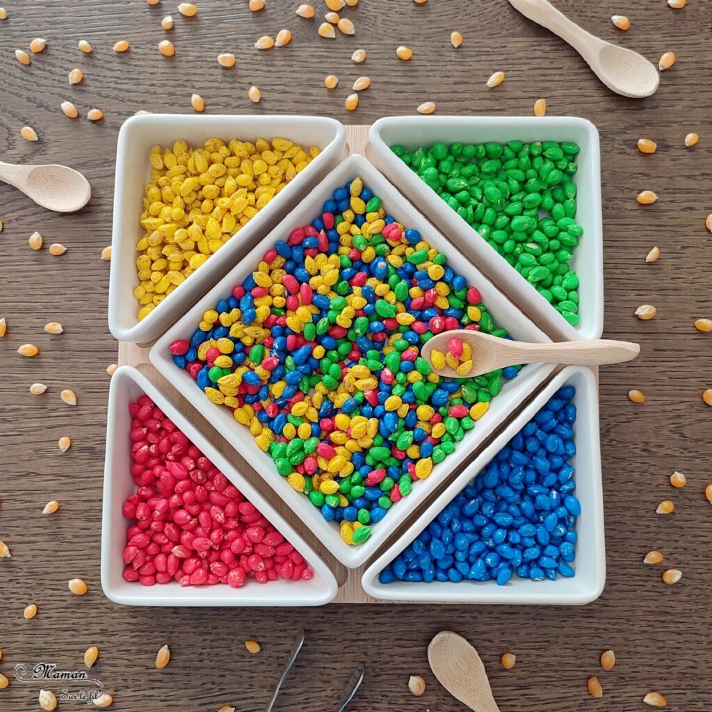 Activité créative et sensorielle pour enfants - Bac sensoriel à base de grains de maïs colorés - Peinture - Patouille, motricité fine, jeu libre, exploration, sensoriel - Classement et tri par couleur avec pince ou avec les doigts - Bricolage facile et rapide pour un thème sur la ferme, l'alimentation ou l'agriculture - Atelier Maternelle et élémentaire - Créativité - Cycle 1 ou 2 - tutoriel photos et vidéos - mslf