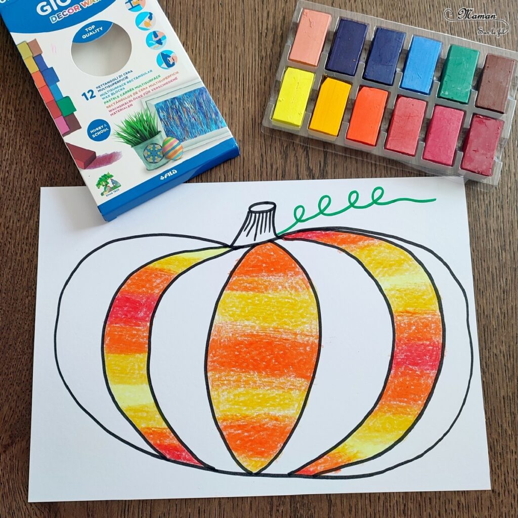 Activité créative et manuelle enfants - Créer une citrouille graphique tout en contraste - Deux versions : automne et Halloween - Contraste entre Coloriage en dégradé de couleurs avec pastels et graphismes noirs - Thème Halloween, Fruits, Alimentation, Automne - Bricolage facile et rapide - Arts visuels et atelier Maternelle et élémentaire - Dessin, découpage, collage - Créativité - Cycle 1 ou 2 - tutoriel photos - mslf