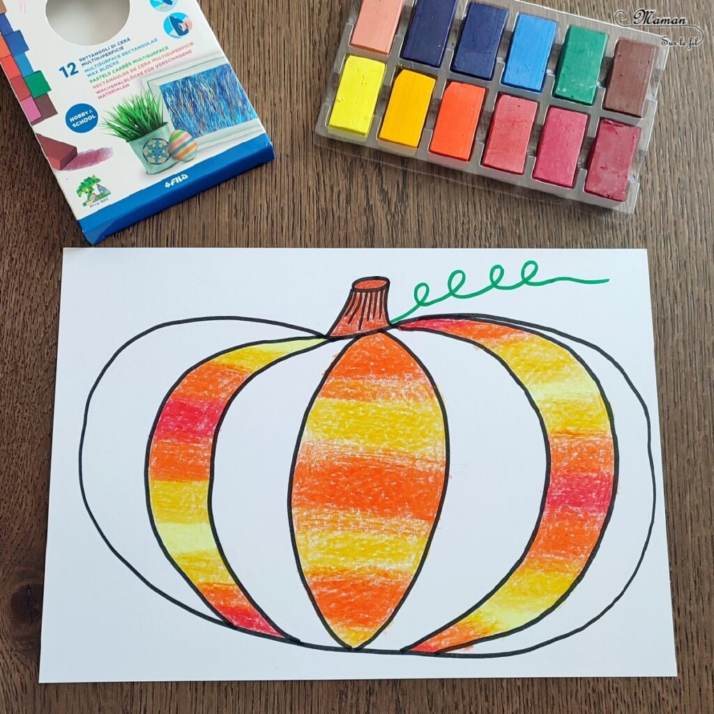 Activité créative et manuelle enfants - Créer une citrouille graphique tout en contraste - Deux versions : automne et Halloween - Contraste entre Coloriage en dégradé de couleurs avec pastels et graphismes noirs - Thème Halloween, Fruits, Alimentation, Automne - Bricolage facile et rapide - Arts visuels et atelier Maternelle et élémentaire - Dessin, découpage, collage - Créativité - Cycle 1 ou 2 - tutoriel photos - mslf