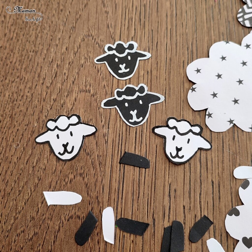 Activité créative et manuelle enfants - Créer des moutons avec des papiers à motifs noirs et blancs - Fond vert type herbe et prairie réalisé avec la technique de l'encre et du gros sel - Lignes verticales -Découpage, collage, dessin - Thèmes Animaux de la ferme ou Pâques - Bricolage facile et rapide - Arts visuels et atelier Maternelle et élémentaire - Créativité - Cycle 1 ou 2 - tutoriel photos - mslf