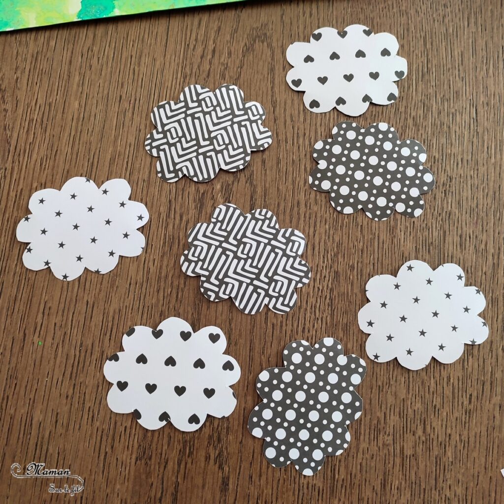 Activité créative et manuelle enfants - Créer des moutons avec des papiers à motifs noirs et blancs - Fond vert type herbe et prairie réalisé avec la technique de l'encre et du gros sel - Lignes verticales -Découpage, collage, dessin - Thèmes Animaux de la ferme ou Pâques - Bricolage facile et rapide - Arts visuels et atelier Maternelle et élémentaire - Créativité - Cycle 1 ou 2 - tutoriel photos - mslf