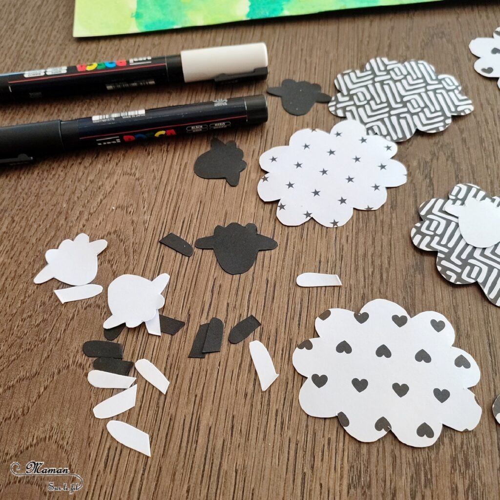 Activité créative et manuelle enfants - Créer des moutons avec des papiers à motifs noirs et blancs - Fond vert type herbe et prairie réalisé avec la technique de l'encre et du gros sel - Lignes verticales -Découpage, collage, dessin - Thèmes Animaux de la ferme ou Pâques - Bricolage facile et rapide - Arts visuels et atelier Maternelle et élémentaire - Créativité - Cycle 1 ou 2 - tutoriel photos - mslf