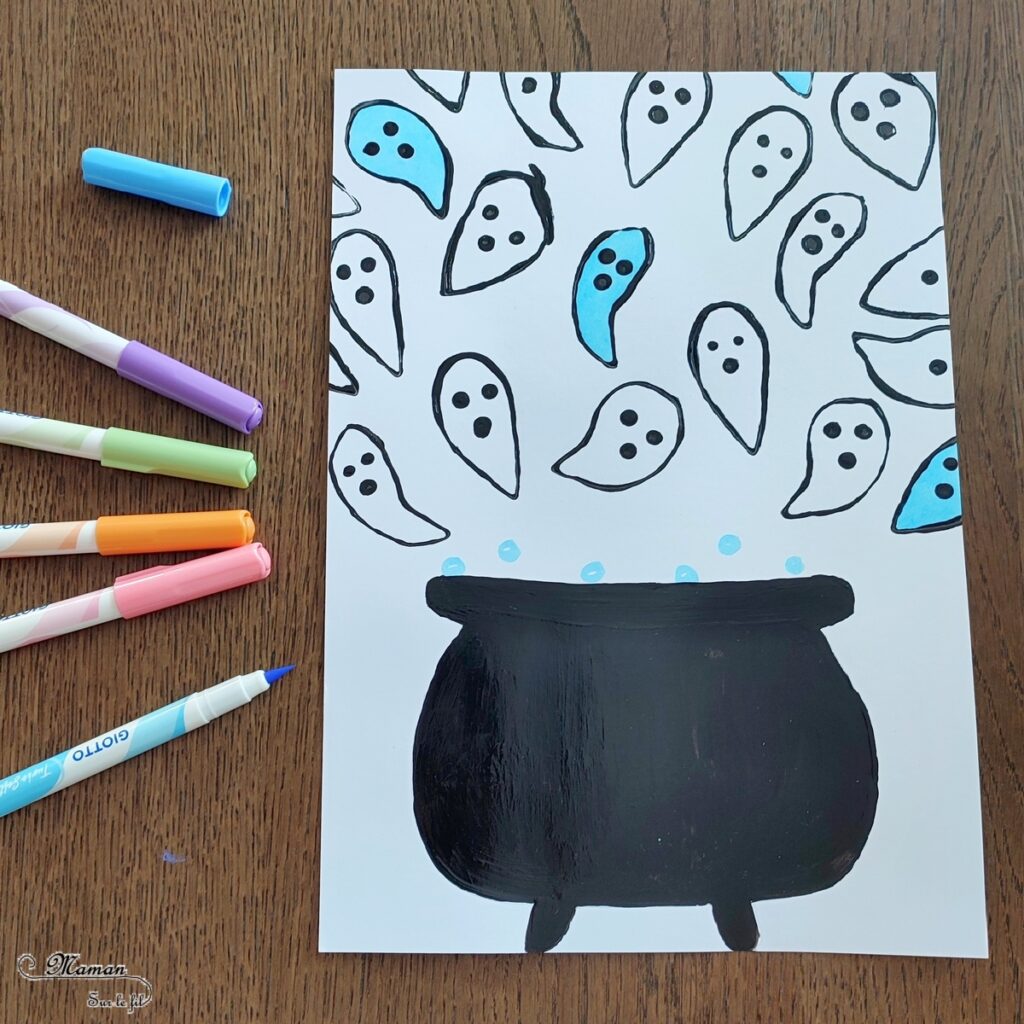 Activité créative et manuelle enfants - Peindre des petits fantômes qui sortent du chaudron - Contraste entre noir et couleurs pastels - Peinture avec empreinte de rouleaux de papier toilettes en carton, PQ et coton-tige - Coloriage et graphisme - Techniques de peinture rigolotes - Thème Halloween mignon - Bricolage facile et rapide - Potion et chaudron de la sorcière - Arts visuels et atelier Maternelle et élémentaire - Créativité - Cycle 1 ou 2 - tutoriel photos - mslf