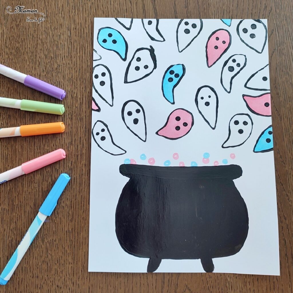 Activité créative et manuelle enfants - Peindre des petits fantômes qui sortent du chaudron - Contraste entre noir et couleurs pastels - Peinture avec empreinte de rouleaux de papier toilettes en carton, PQ et coton-tige - Coloriage et graphisme - Techniques de peinture rigolotes - Thème Halloween mignon - Bricolage facile et rapide - Potion et chaudron de la sorcière - Arts visuels et atelier Maternelle et élémentaire - Créativité - Cycle 1 ou 2 - tutoriel photos - mslf