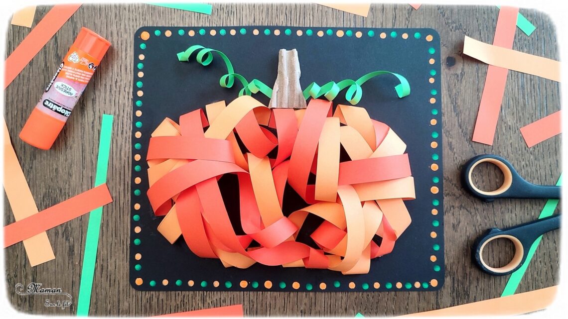 Activité créative et manuelle enfants - Créer une citrouille en 3D avec des bandes de papier - Relief avec du papier découpé, tourné et collé - spirales - Dessin et graphismes - Carton déchiré pour la tige - Thème Halloween, Fruits, Alimentation, Automne - Bricolage facile et rapide - Arts visuels et atelier Maternelle et élémentaire - Créativité - Cycle 1 ou 2 - tutoriel photos - mslf