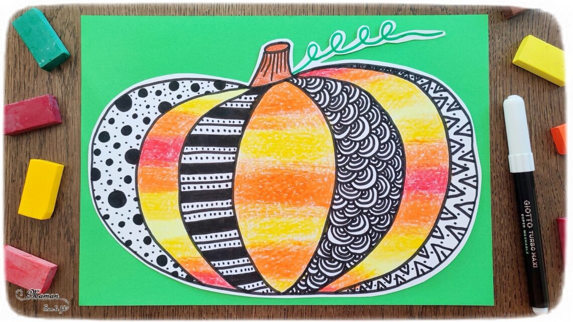 Activité créative et manuelle enfants - Créer une citrouille graphique tout en contraste - Deux versions : automne et Halloween - Contraste entre Coloriage en dégradé de couleurs avec pastels et graphismes noirs - Thème Halloween, Fruits, Alimentation, Automne - Bricolage facile et rapide - Arts visuels et atelier Maternelle et élémentaire - Dessin, découpage, collage - Créativité - Cycle 1 ou 2 - tutoriel photos - mslf