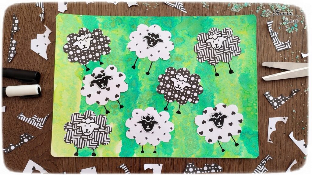 Activité créative et manuelle enfants - Créer des moutons avec des papiers à motifs noirs et blancs - Fond vert type herbe et prairie réalisé avec la technique de l'encre et du gros sel - Lignes verticales -Découpage, collage, dessin - Thèmes Animaux de la ferme ou Pâques - Bricolage facile et rapide - Arts visuels et atelier Maternelle et élémentaire - Créativité - Cycle 1 ou 2 - tutoriel photos - mslf