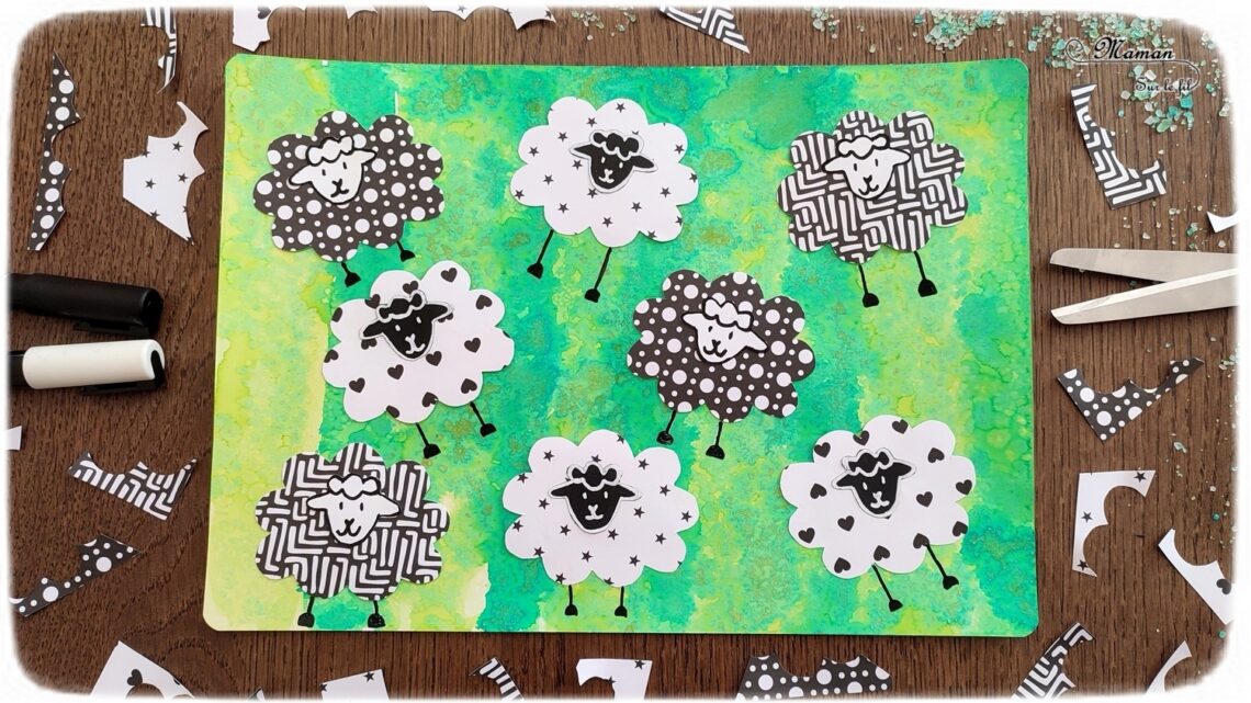 Activité créative et manuelle enfants - Créer des moutons avec des papiers à motifs noirs et blancs - Fond vert type herbe et prairie réalisé avec la technique de l'encre et du gros sel - Lignes verticales -Découpage, collage, dessin - Thèmes Animaux de la ferme ou Pâques - Bricolage facile et rapide - Arts visuels et atelier Maternelle et élémentaire - Créativité - Cycle 1 ou 2 - tutoriel photos - mslf