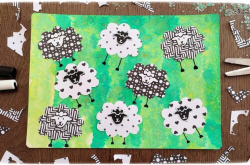 Activité créative et manuelle enfants - Créer des moutons avec des papiers à motifs noirs et blancs - Fond vert type herbe et prairie réalisé avec la technique de l'encre et du gros sel - Lignes verticales -Découpage, collage, dessin - Thèmes Animaux de la ferme ou Pâques - Bricolage facile et rapide - Arts visuels et atelier Maternelle et élémentaire - Créativité - Cycle 1 ou 2 - tutoriel photos - mslf