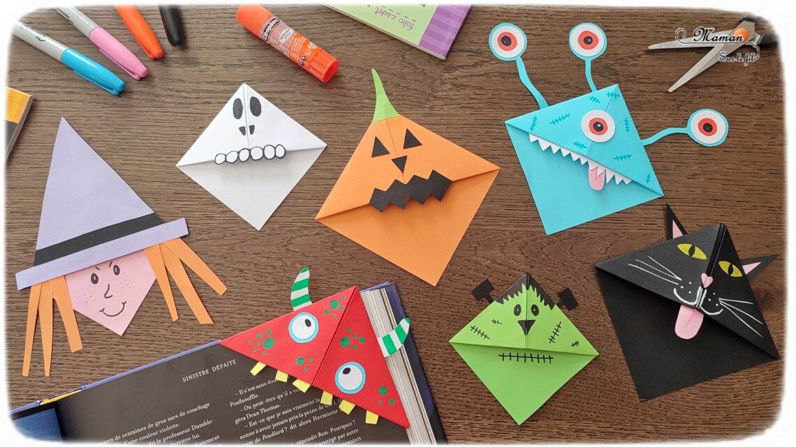 Activité créative et manuelle enfants - Fabriquer des marque-pages pour Halloween - A insérer dans le coin des pages de livre - Plusieurs versions : citrouille, squelette, Frankenstein, sorcière et son chapeau, chat noir, monstres - Origami, tutoriel photos du pliage de papier - Découpage, collage, dessin - Thème Halloween, Créatures légendaires - Bricolage facile et rapide - Arts visuels et atelier Maternelle et élémentaire - Créativité - Cycle 1 ou 2 - tutoriel photos - mslf