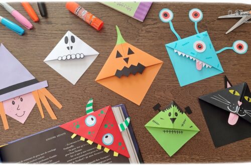 Activité créative et manuelle enfants - Fabriquer des marque-pages pour Halloween - A insérer dans le coin des pages de livre - Plusieurs versions : citrouille, squelette, Frankenstein, sorcière et son chapeau, chat noir, monstres - Origami, tutoriel photos du pliage de papier - Découpage, collage, dessin - Thème Halloween, Créatures légendaires - Bricolage facile et rapide - Arts visuels et atelier Maternelle et élémentaire - Créativité - Cycle 1 ou 2 - tutoriel photos - mslf