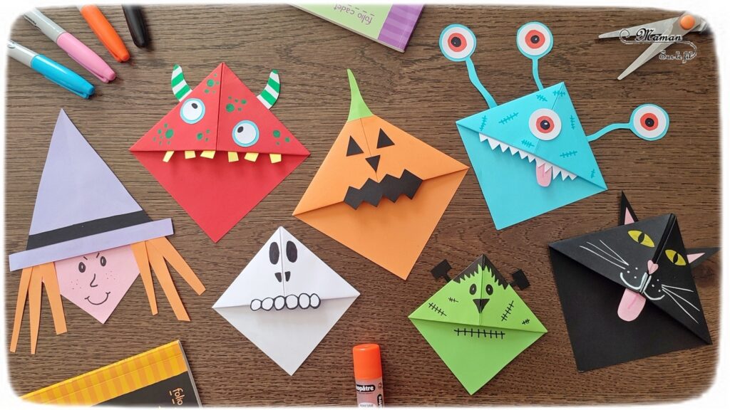 Activité créative et manuelle enfants - Fabriquer des marque-pages pour Halloween - A insérer dans le coin des pages de livre - Plusieurs versions : citrouille, squelette, Frankenstein, sorcière et son chapeau, chat noir, monstres - Origami, tutoriel photos du pliage de papier - Découpage, collage, dessin - Thème Halloween, Créatures légendaires - Bricolage facile et rapide - Arts visuels et atelier Maternelle et élémentaire - Créativité - Cycle 1 ou 2 - tutoriel photos - mslf