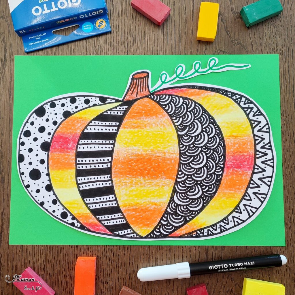 Activité créative et manuelle enfants - Créer une citrouille graphique tout en contraste - Deux versions : automne et Halloween - Contraste entre Coloriage en dégradé de couleurs avec pastels et graphismes noirs - Thème Halloween, Fruits, Alimentation, Automne - Bricolage facile et rapide - Arts visuels et atelier Maternelle et élémentaire - Dessin, découpage, collage - Créativité - Cycle 1 ou 2 - tutoriel photos - mslf