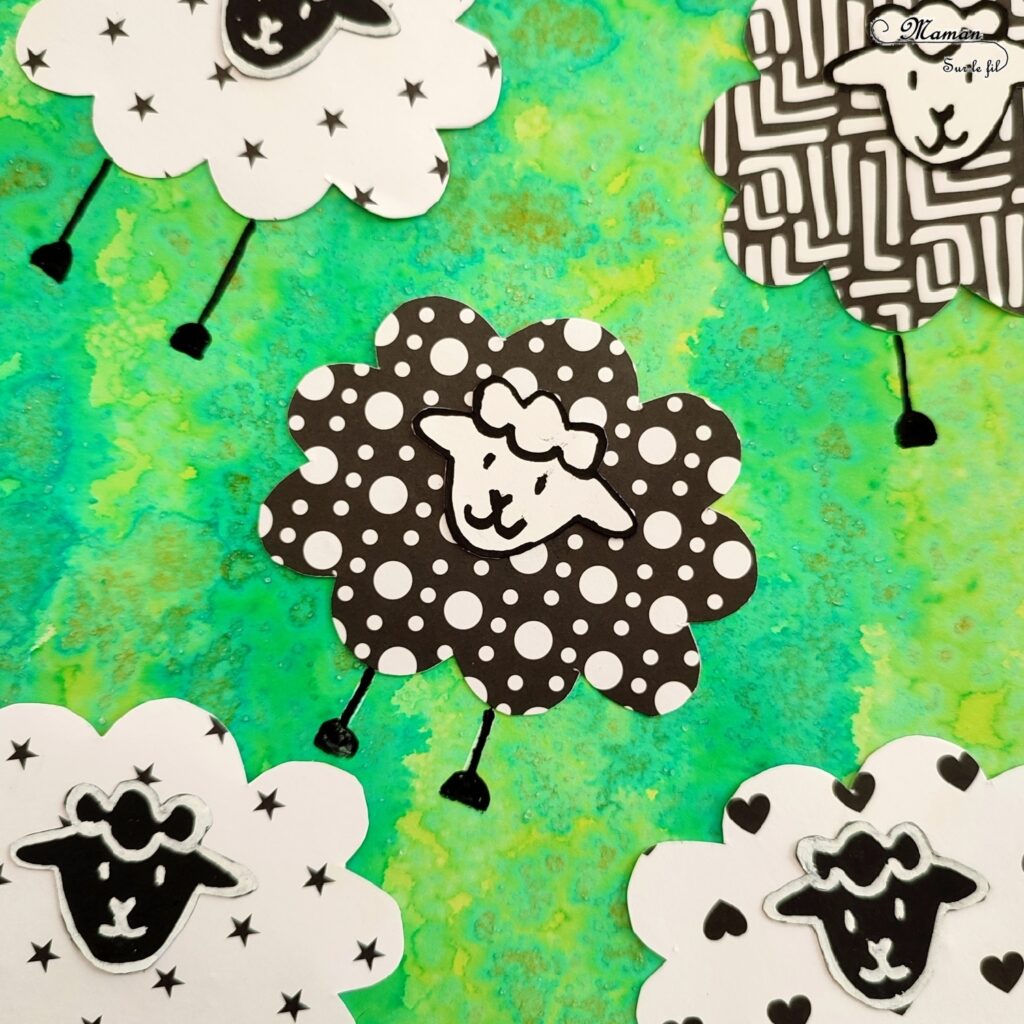 Activité créative et manuelle enfants - Créer des moutons avec des papiers à motifs noirs et blancs - Fond vert type herbe et prairie réalisé avec la technique de l'encre et du gros sel - Lignes verticales -Découpage, collage, dessin - Thèmes Animaux de la ferme ou Pâques - Bricolage facile et rapide - Arts visuels et atelier Maternelle et élémentaire - Créativité - Cycle 1 ou 2 - tutoriel photos - mslf