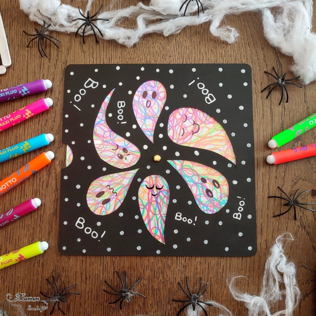 Activité créative et manuelle enfants - Fabriquer une roue de fantômes gribouillés et fluos qui changent de couleurs - Bricolage Halloween - Fond Gribouillage avec des feutres fluos - Découpage, dessin, graphismes - Cercle qui tourne au dos pour changer les couleurs - Thème Halloween, Créatures légendaires - Bricolage facile et rapide - Arts visuels et atelier Maternelle et élémentaire - Dessin, découpage, collage - Créativité - Cycle 1 ou 2 - tutoriel photos et vidéos - mslf