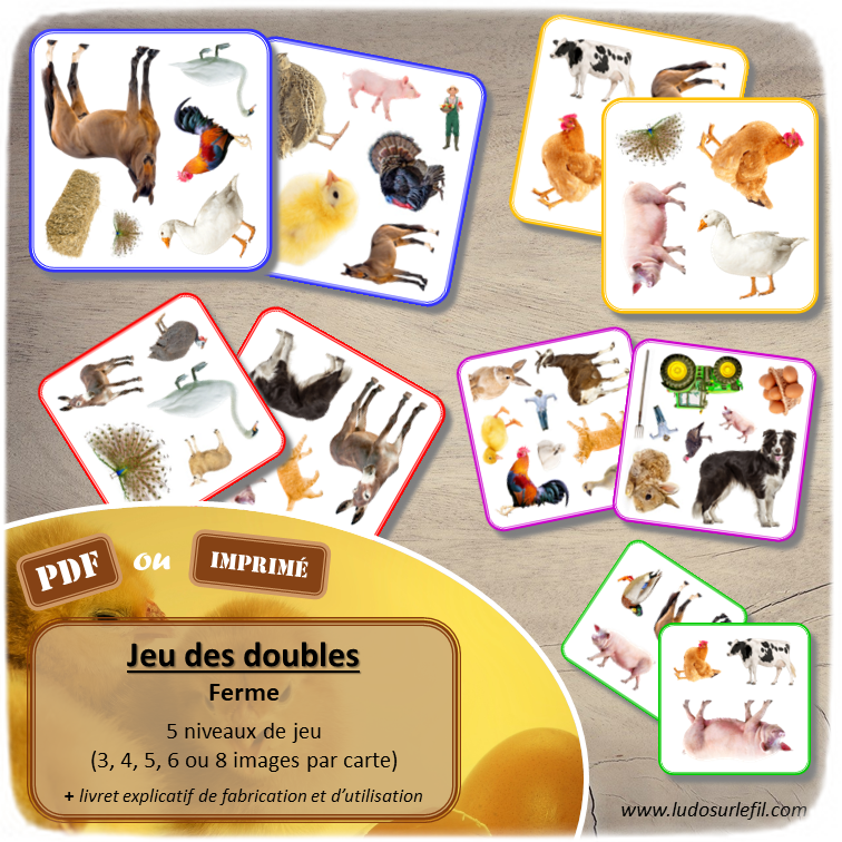 Jeu des doubles - Animaux de la ferme : ferme, outils, personnages, véhicules, objets - Saisons - 5 niveaux progressifs (3 4 5 6 ou 8 images) - Dobble - jeu pour travailler la discrimination visuelle, la rapidité l'observation et le lexique / vocabulaire autour de la ferme - Document PDF à télécharger et à imprimer ou jeu imprimé - lslf