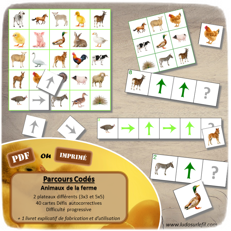 Suis les parcours codés - Animaux de la ferme - codage, repérage et vocabulaire spatial - jeu et atelier autonome et autocorrectif Maternelle (Cycle 1) et Primaire (Cycle 2) - Niveaux et difficulté progressifs - PDF à télécharger et à imprimer ou jeu imprimé - difficulté progressive et solutions - lslf