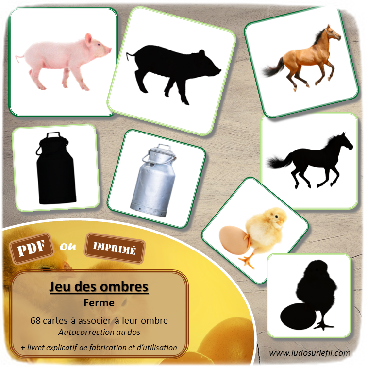 Jeu des ombres - Ferme - Animaux de la ferme, personnages, lieux, objets, outils, véhicules... - Vocabulaire, lexique - cartes à associer aux ombres - document PDF à télécharger et à imprimer ou jeu imprimé - atelier autocorrectif et autonome maternelle - lslf