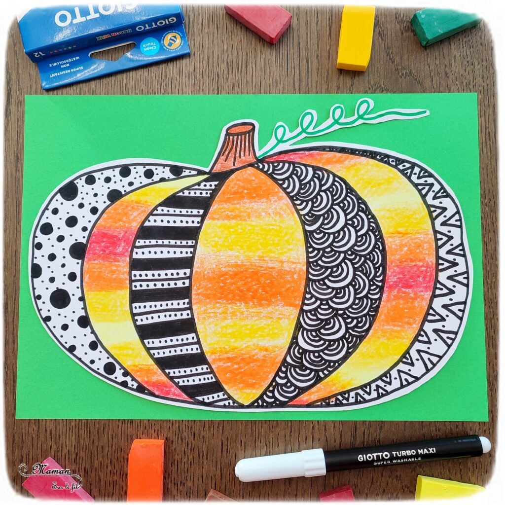 Activité créative et manuelle enfants - Créer une citrouille graphique tout en contraste - Deux versions : automne et Halloween - Contraste entre Coloriage en dégradé de couleurs avec pastels et graphismes noirs - Thème Halloween, Fruits, Alimentation, Automne - Bricolage facile et rapide - Arts visuels et atelier Maternelle et élémentaire - Dessin, découpage, collage - Créativité - Cycle 1 ou 2 - tutoriel photos - mslf