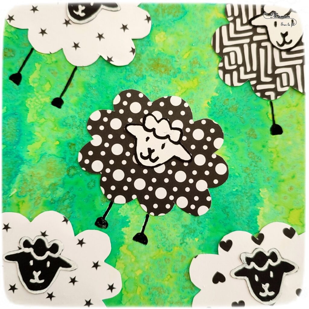 Activité créative et manuelle enfants - Créer des moutons avec des papiers à motifs noirs et blancs - Fond vert type herbe et prairie réalisé avec la technique de l'encre et du gros sel - Lignes verticales -Découpage, collage, dessin - Thèmes Animaux de la ferme ou Pâques - Bricolage facile et rapide - Arts visuels et atelier Maternelle et élémentaire - Créativité - Cycle 1 ou 2 - tutoriel photos - mslf