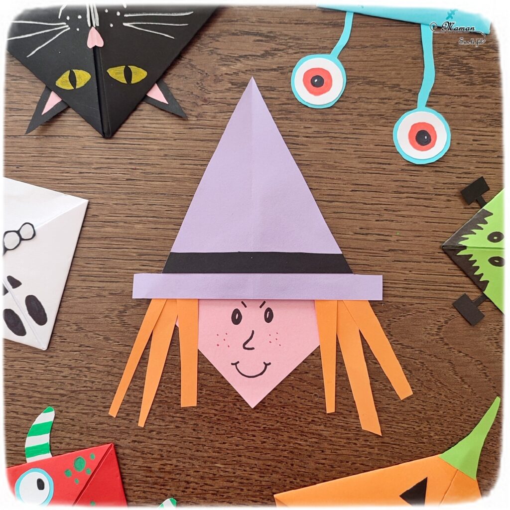 Activité créative et manuelle enfants - Fabriquer des marque-pages pour Halloween - A insérer dans le coin des pages de livre - Plusieurs versions : citrouille, squelette, Frankenstein, sorcière et son chapeau, chat noir, monstres - Origami, tutoriel photos du pliage de papier - Découpage, collage, dessin - Thème Halloween, Créatures légendaires - Bricolage facile et rapide - Arts visuels et atelier Maternelle et élémentaire - Créativité - Cycle 1 ou 2 - tutoriel photos - mslf