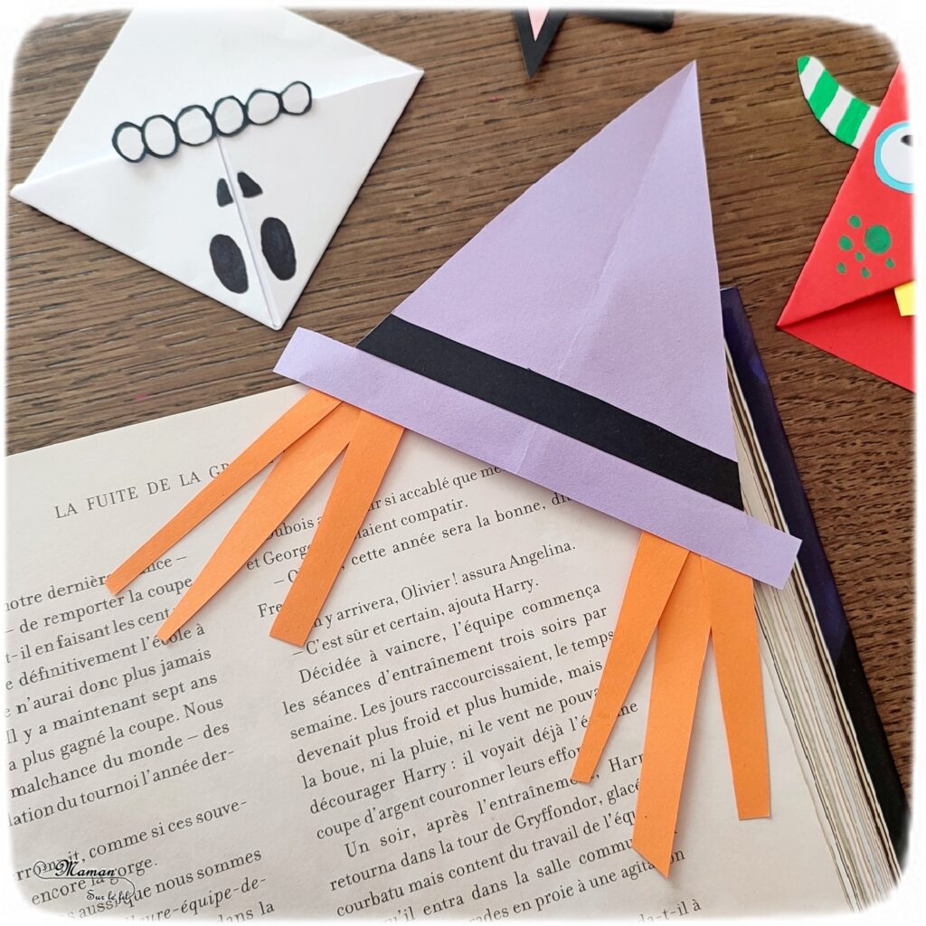 Activité créative et manuelle enfants - Fabriquer des marque-pages pour Halloween - A insérer dans le coin des pages de livre - Plusieurs versions : citrouille, squelette, Frankenstein, sorcière et son chapeau, chat noir, monstres - Origami, tutoriel photos du pliage de papier - Découpage, collage, dessin - Thème Halloween, Créatures légendaires - Bricolage facile et rapide - Arts visuels et atelier Maternelle et élémentaire - Créativité - Cycle 1 ou 2 - tutoriel photos - mslf