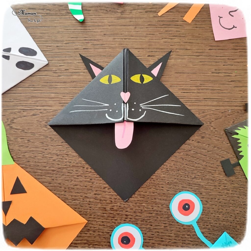 Activité créative et manuelle enfants - Fabriquer des marque-pages pour Halloween - A insérer dans le coin des pages de livre - Plusieurs versions : citrouille, squelette, Frankenstein, sorcière et son chapeau, chat noir, monstres - Origami, tutoriel photos du pliage de papier - Découpage, collage, dessin - Thème Halloween, Créatures légendaires - Bricolage facile et rapide - Arts visuels et atelier Maternelle et élémentaire - Créativité - Cycle 1 ou 2 - tutoriel photos - mslf