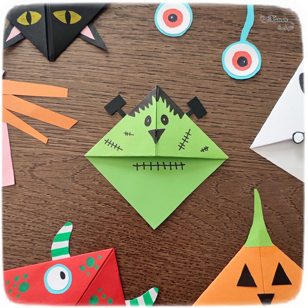 Activité créative et manuelle enfants - Fabriquer des marque-pages pour Halloween - A insérer dans le coin des pages de livre - Plusieurs versions : citrouille, squelette, Frankenstein, sorcière et son chapeau, chat noir, monstres - Origami, tutoriel photos du pliage de papier - Découpage, collage, dessin - Thème Halloween, Créatures légendaires - Bricolage facile et rapide - Arts visuels et atelier Maternelle et élémentaire - Créativité - Cycle 1 ou 2 - tutoriel photos - mslf