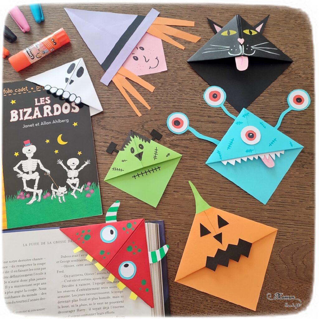 Activité créative et manuelle enfants - Fabriquer des marque-pages pour Halloween - A insérer dans le coin des pages de livre - Plusieurs versions : citrouille, squelette, Frankenstein, sorcière et son chapeau, chat noir, monstres - Origami, tutoriel photos du pliage de papier - Découpage, collage, dessin - Thème Halloween, Créatures légendaires - Bricolage facile et rapide - Arts visuels et atelier Maternelle et élémentaire - Créativité - Cycle 1 ou 2 - tutoriel photos - mslf