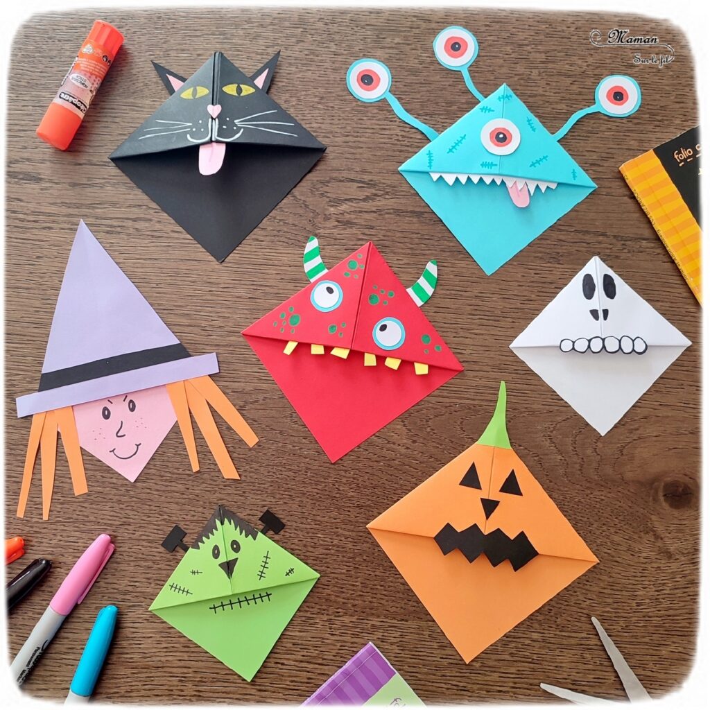 Activité créative et manuelle enfants - Fabriquer des marque-pages pour Halloween - A insérer dans le coin des pages de livre - Plusieurs versions : citrouille, squelette, Frankenstein, sorcière et son chapeau, chat noir, monstres - Origami, tutoriel photos du pliage de papier - Découpage, collage, dessin - Thème Halloween, Créatures légendaires - Bricolage facile et rapide - Arts visuels et atelier Maternelle et élémentaire - Créativité - Cycle 1 ou 2 - tutoriel photos - mslf