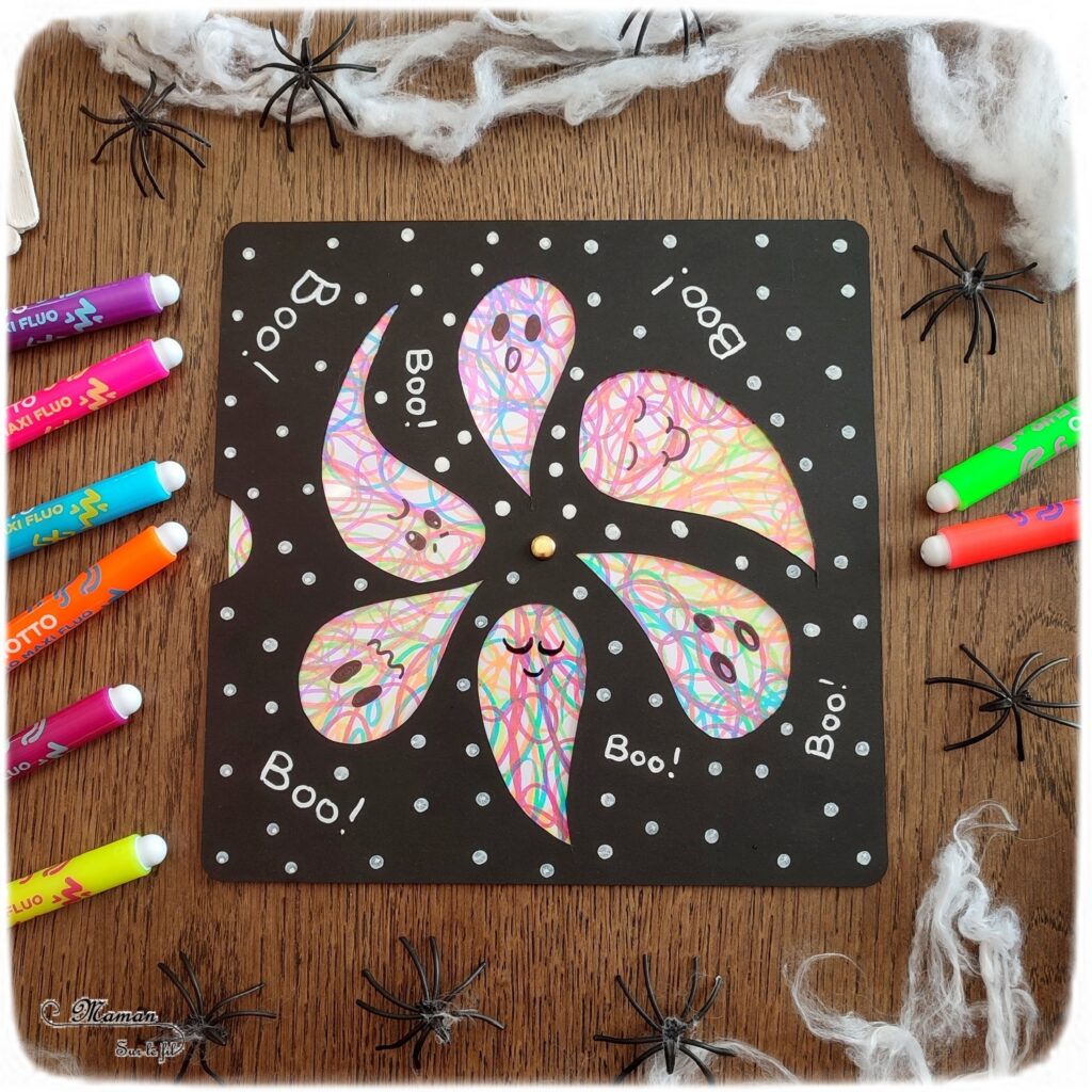 Activité créative et manuelle enfants - Fabriquer une roue de fantômes gribouillés et fluos qui changent de couleurs - Bricolage Halloween - Fond Gribouillage avec des feutres fluos - Découpage, dessin, graphismes - Cercle qui tourne au dos pour changer les couleurs - Thème Halloween, Créatures légendaires - Bricolage facile et rapide - Arts visuels et atelier Maternelle et élémentaire - Dessin, découpage, collage - Créativité - Cycle 1 ou 2 - tutoriel photos et vidéos - mslf